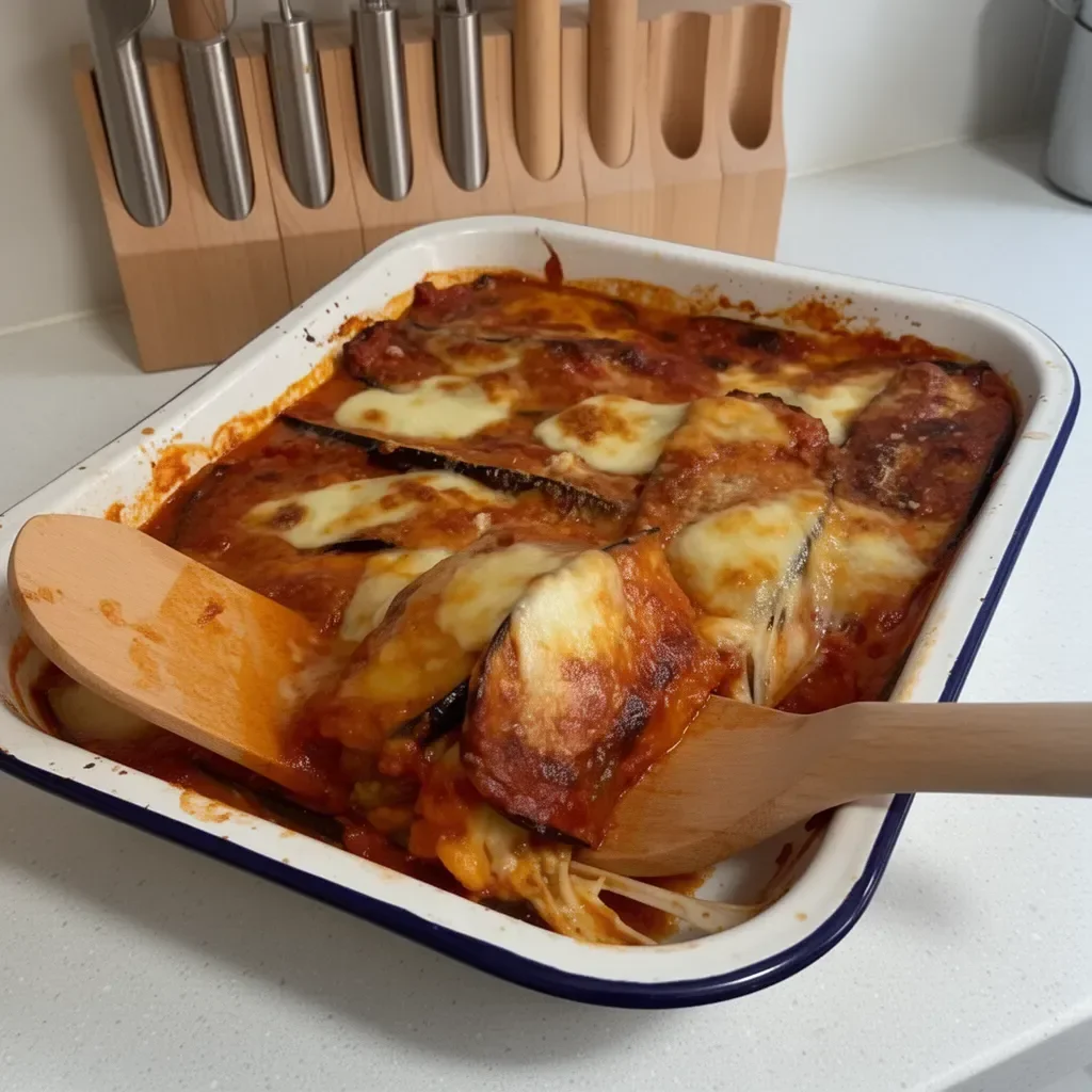 Aubergines Parmigiana garnies de sauce tomate et de mozzarella fondue.