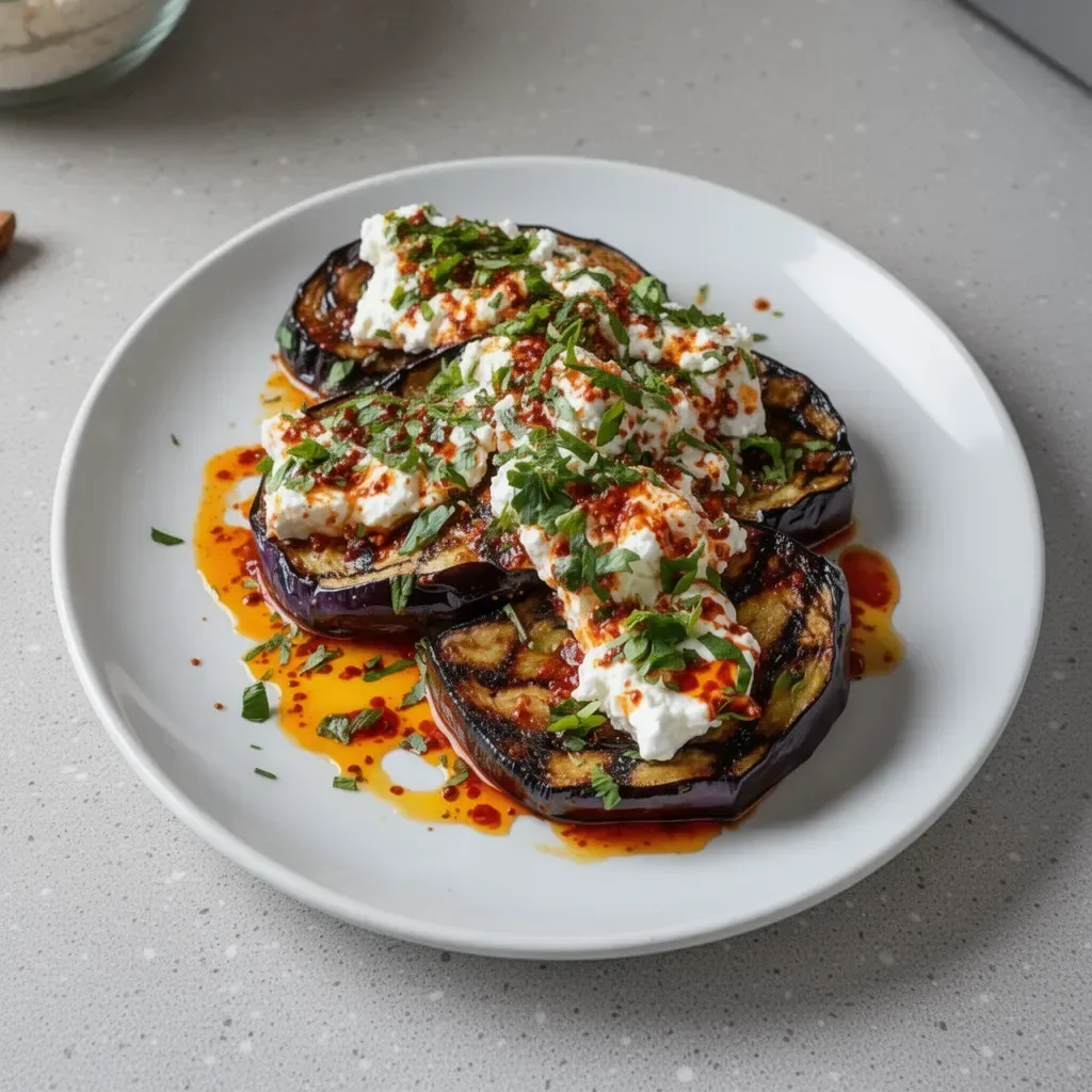 Aubergines garnies de crème de feta et arrosées d'huile de harissa