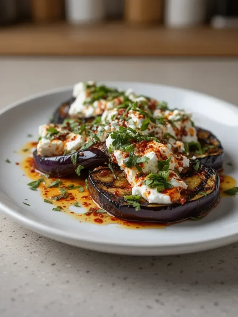 Aubergines avec crème de feta et huile de harissa : savourez une délicieuse explosion de saveurs !