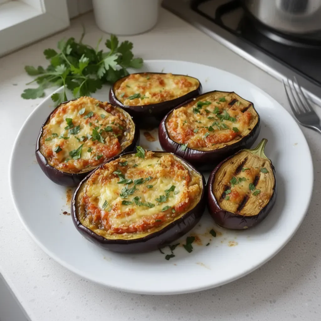 Aubergines grillées dorées, prêtes à être servies sur une assiette.