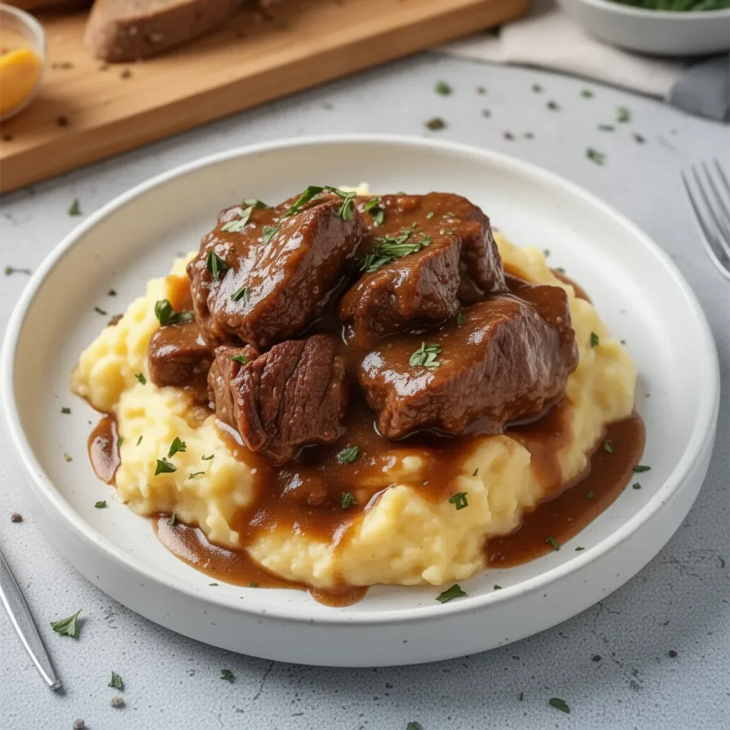 Plat de bœuf braisé en sauce avec purée maison servi dans une assiette