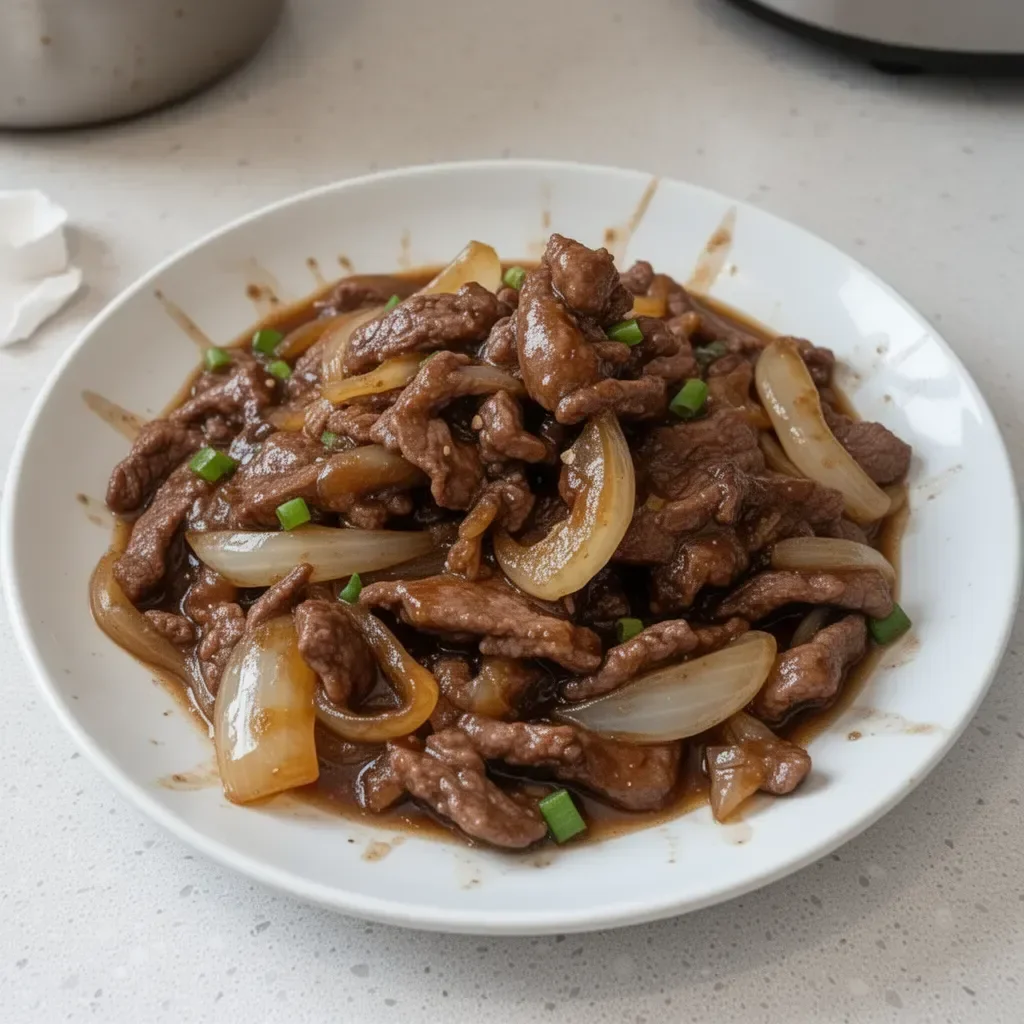 Plat de bœuf sauté aux oignons servi avec des légumes frais et du riz basmati.