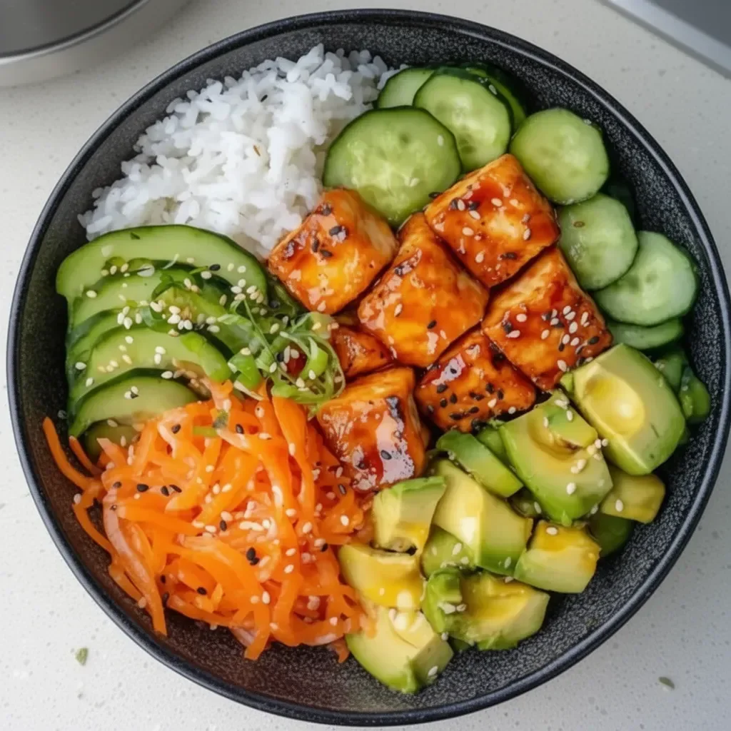 Bol de saumon frais avec légumes colorés et sauce légère