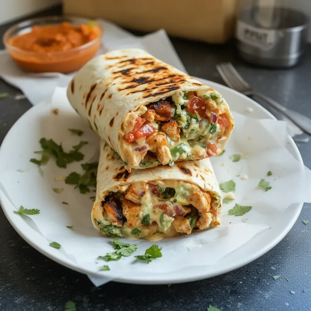 Burrito au poulet grillé avec sauce ranch chipotle, garniture savoureuse