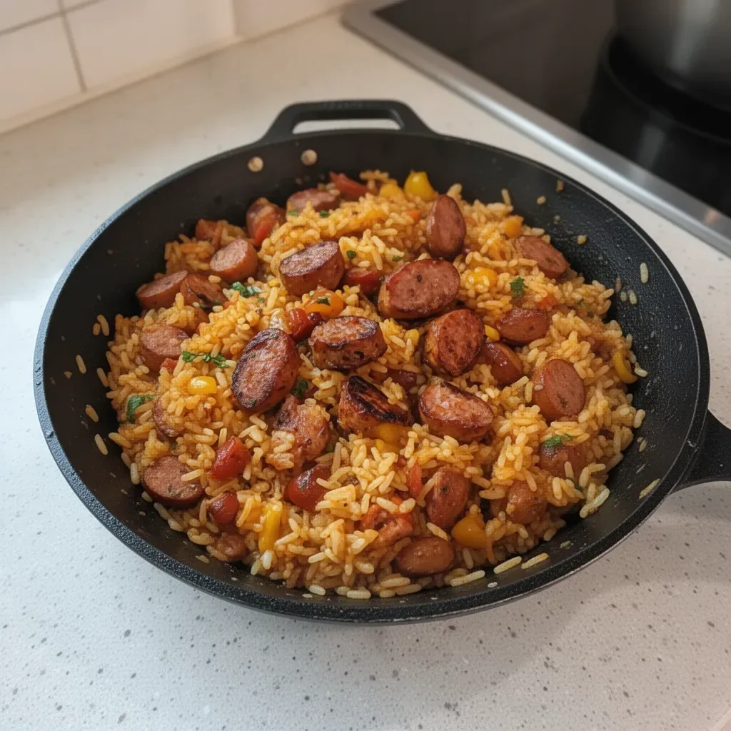 Saucisse cajun et riz cuisinés dans une poêle, garnis d'herbes fraîches.