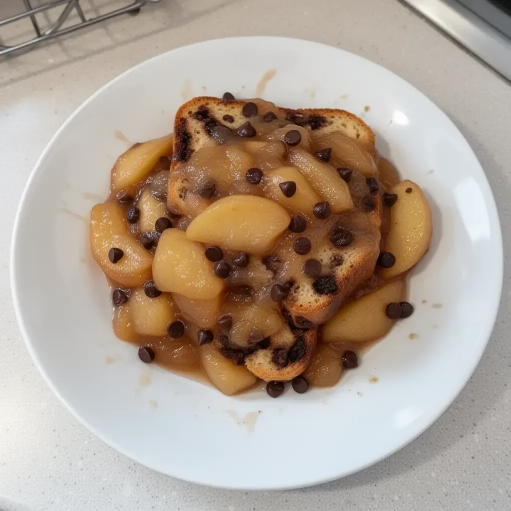 Gâteau aux pommes compotées et pépites de chocolat sur une assiette en bois.