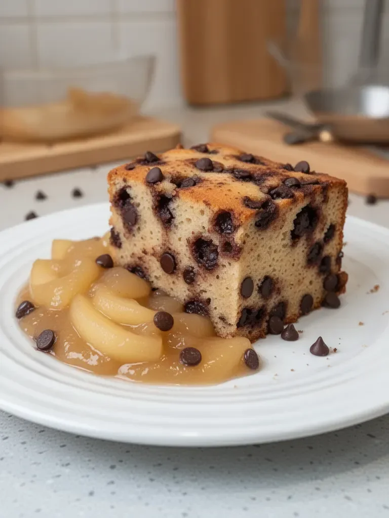 Cake with apple compote and chocolate chips