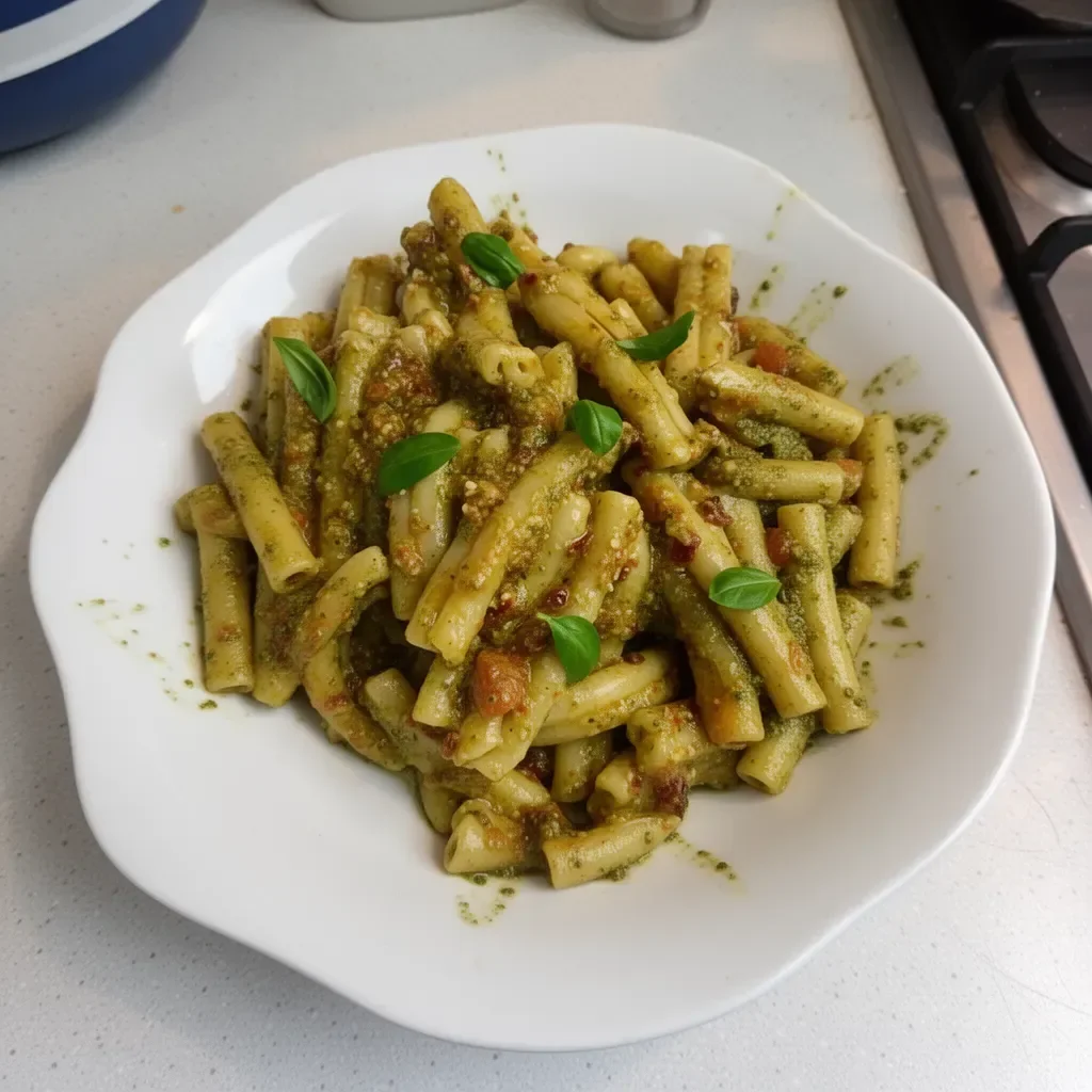 Plat de caserecce au pesto à la trapanese revisité avec des ingrédients frais.