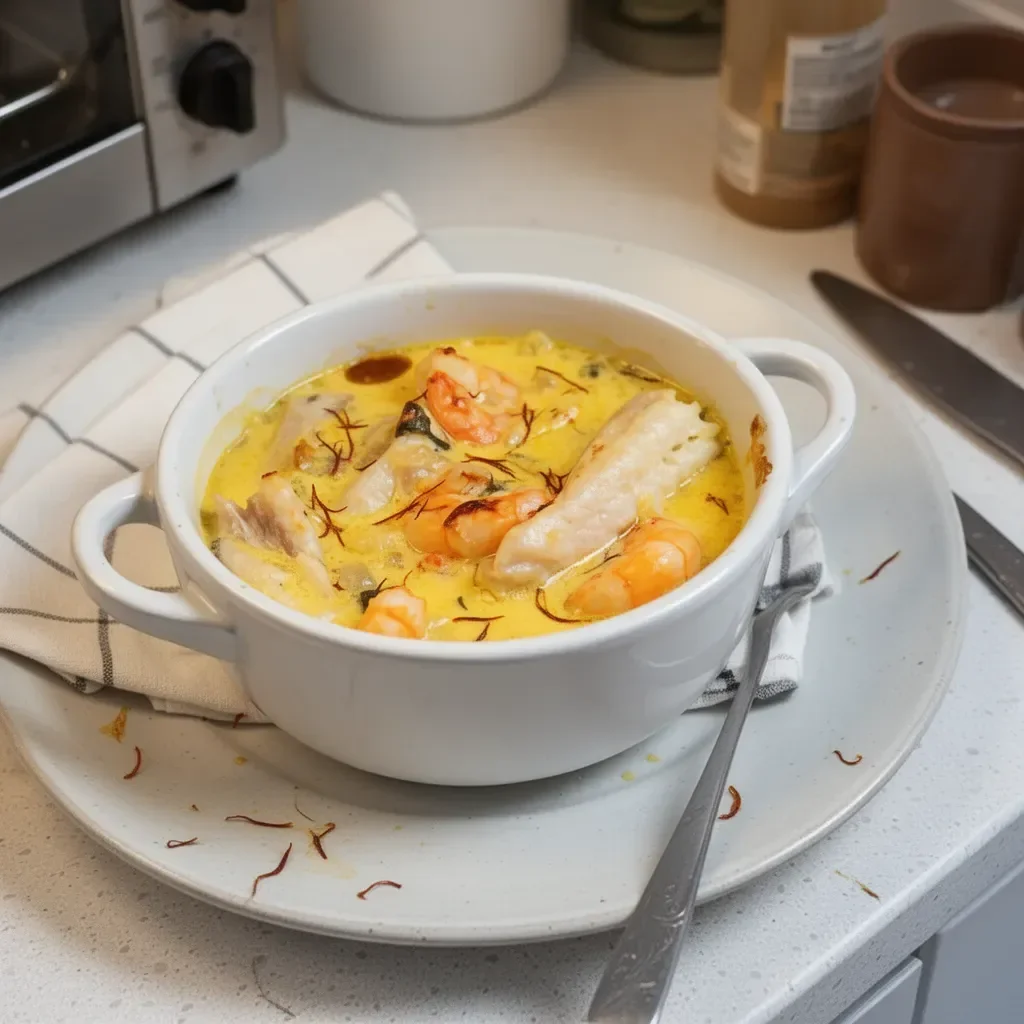 Cassolette de poisson et crevette au safran, plat savoureux et coloré.