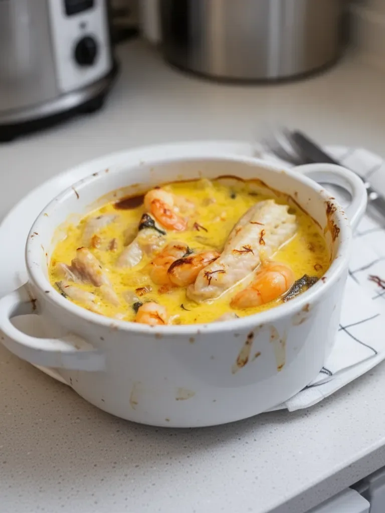 Cassolette de poisson et crevette au safran