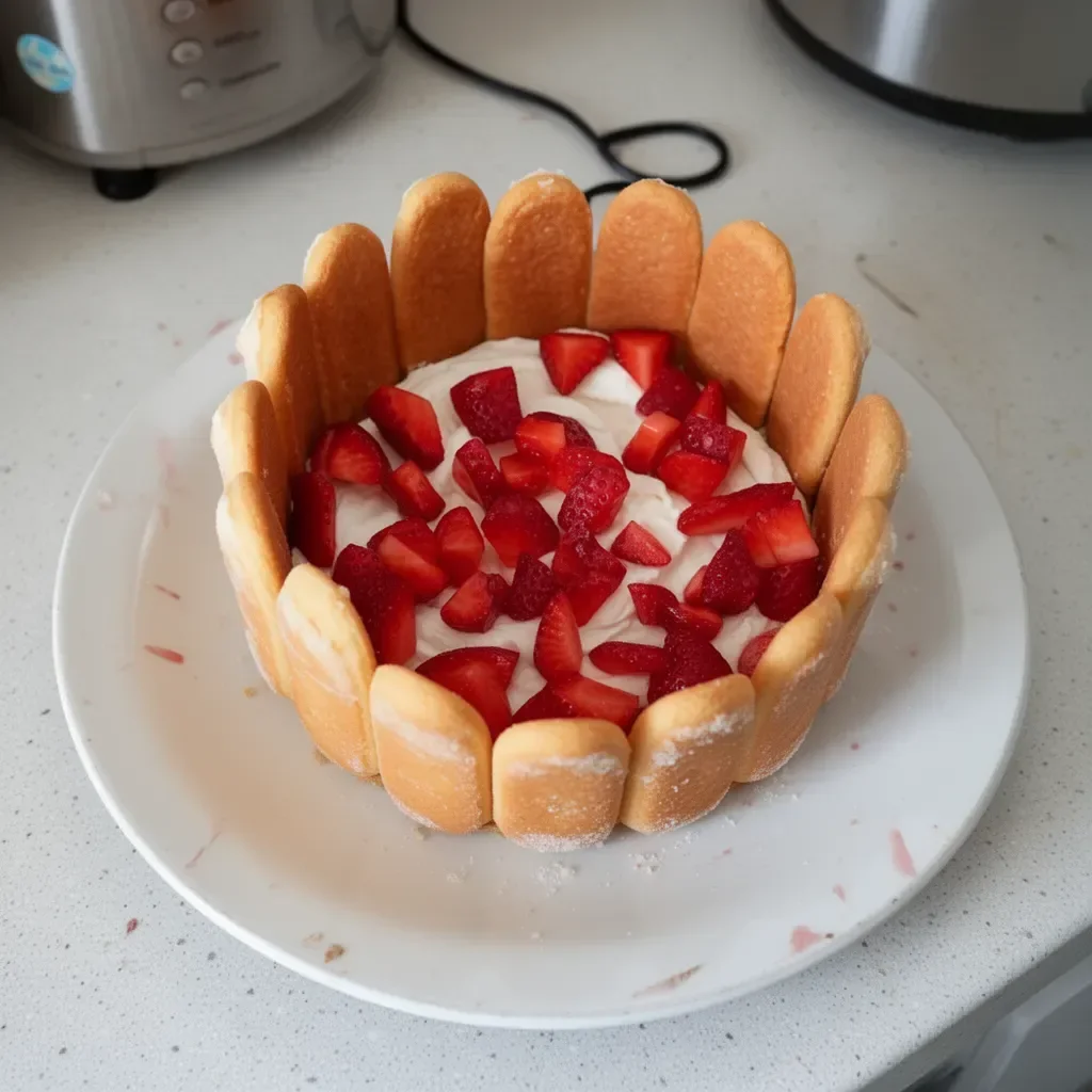Charlotte aux fraises avec des fraises fraîches sur un plat élégant