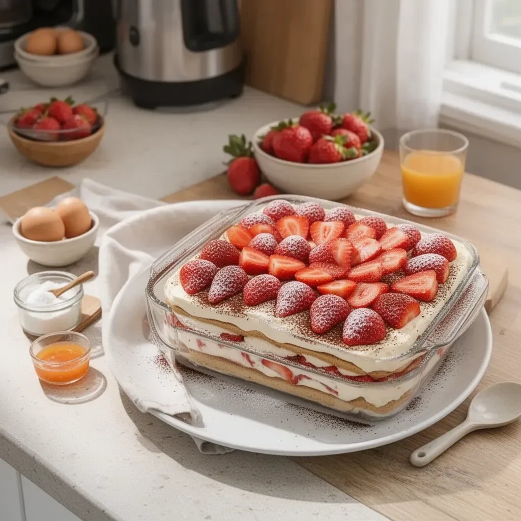Charlotte aux Fraises Façon Tiramisu découpée, garnie de fraises fraîches.