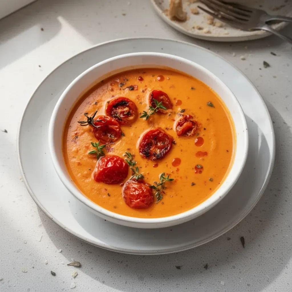Soupe crémeuse à la tomate et à l'ail servie dans un bol.