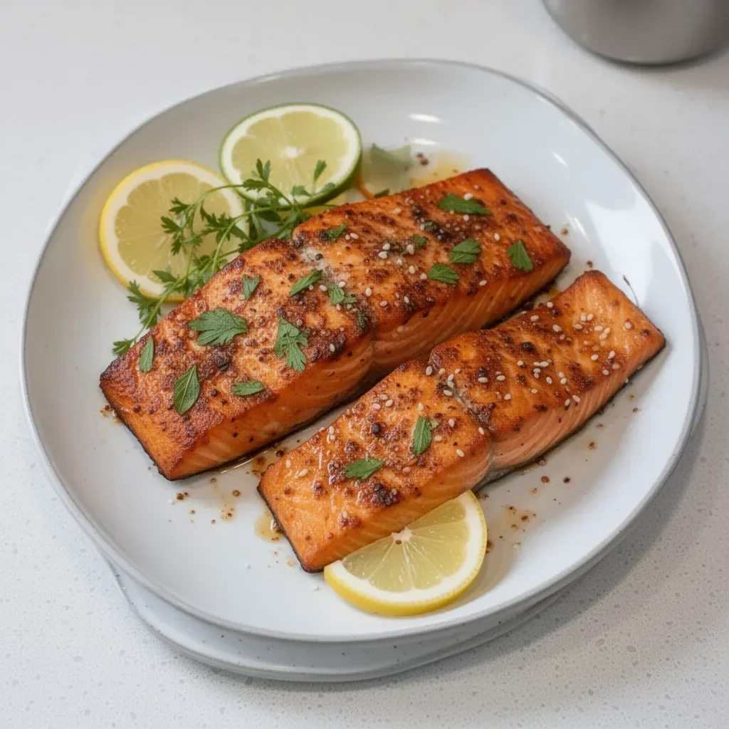 Saumon croustillant cuit à l'air fryer sur une assiette élégante.