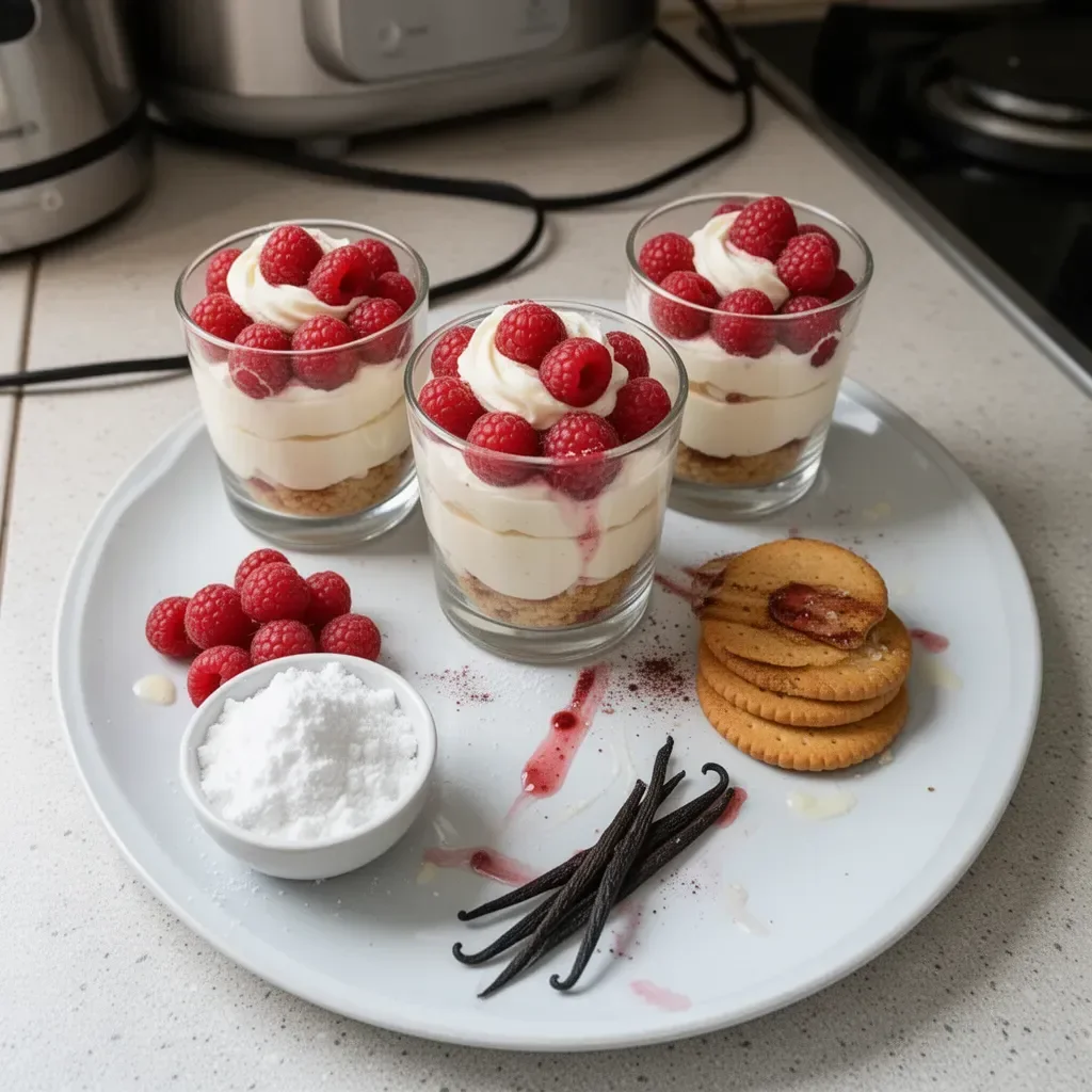 Verrines aux framboises et crème vanille, dessert élégant et savoureux.