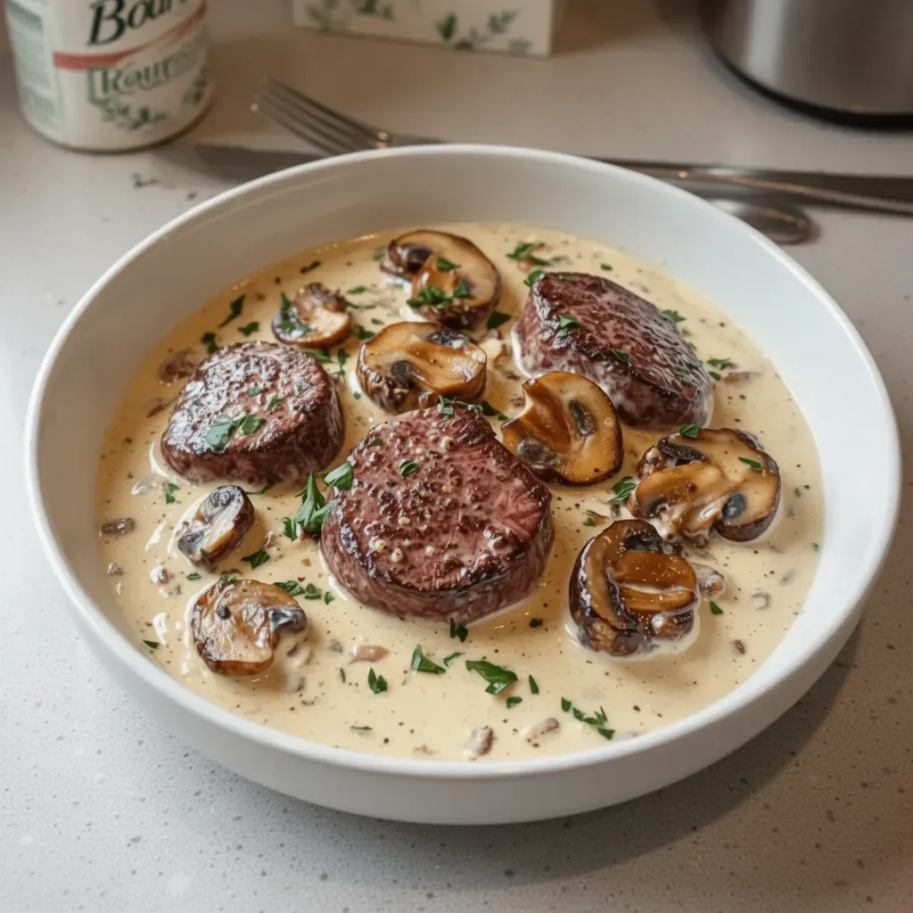 Filet mignon crémeux au Boursin et champignons, plat gourmet exquis.