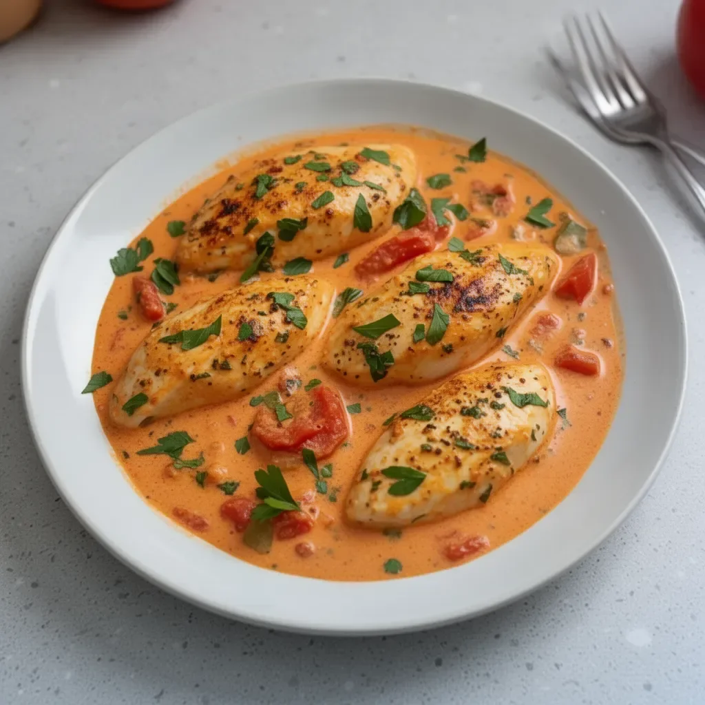 Filets de poulet à la crème de tomate garnis d'herbes fraîches