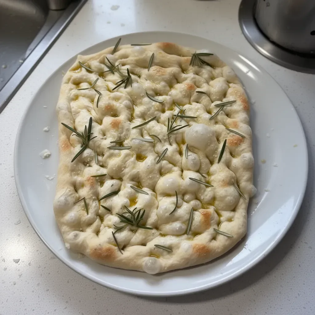 Focaccia maison fraîchement cuite et garnie d'herbes