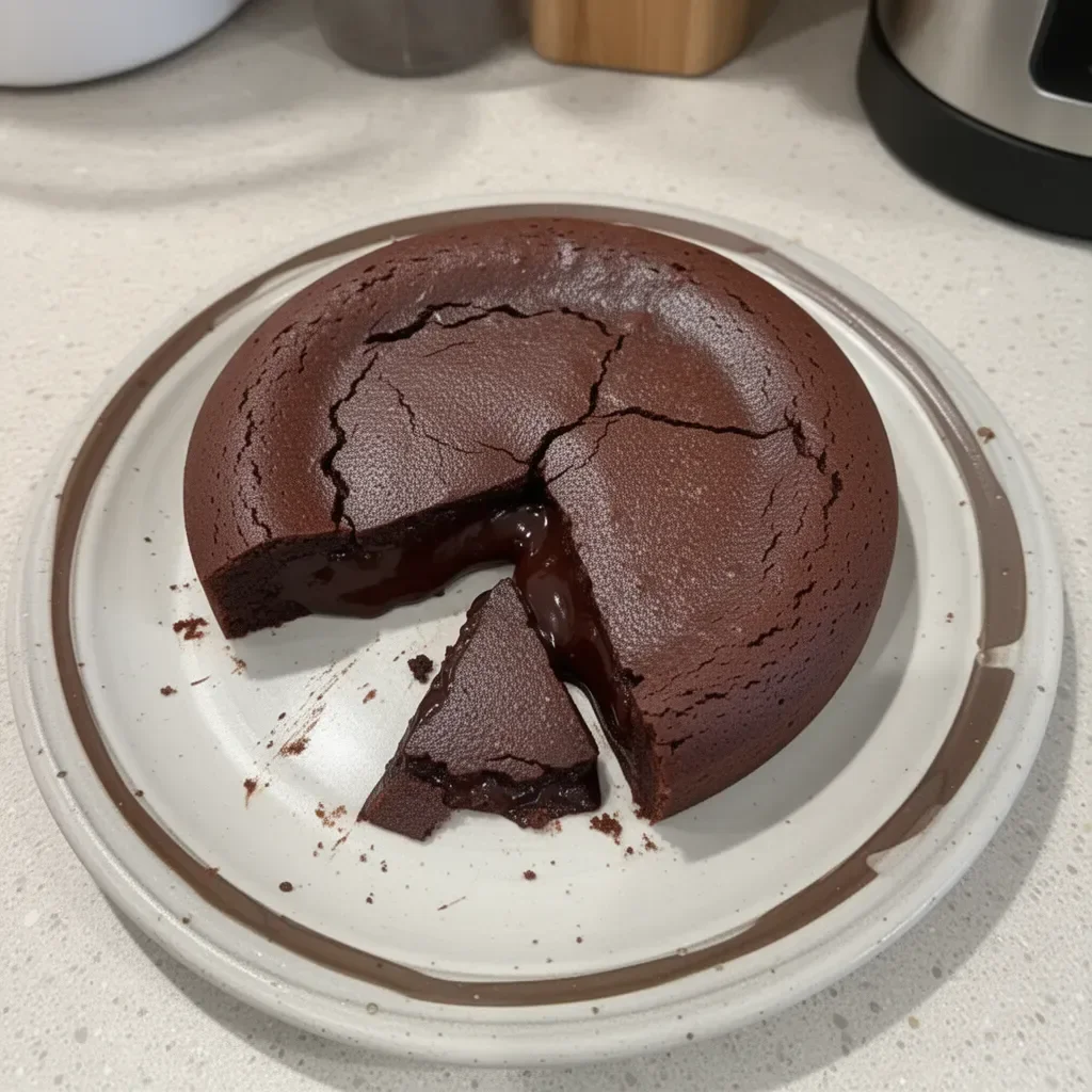 Fondant au Chocolat Mega Coulant prêt à être dégusté, avec un cœur coulant irresistible.