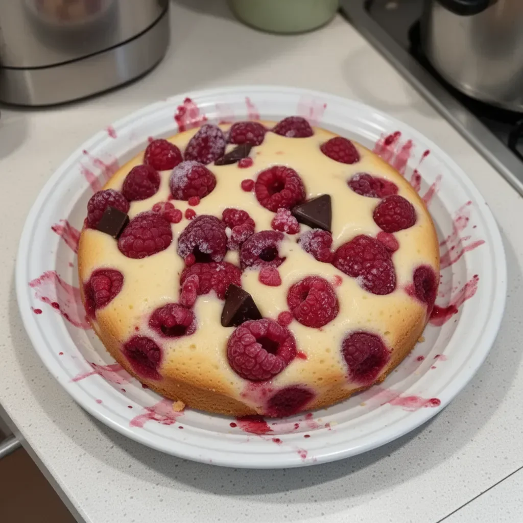 Gâteau aux framboises savoureux avec une garniture généreuse de fruits rouges.