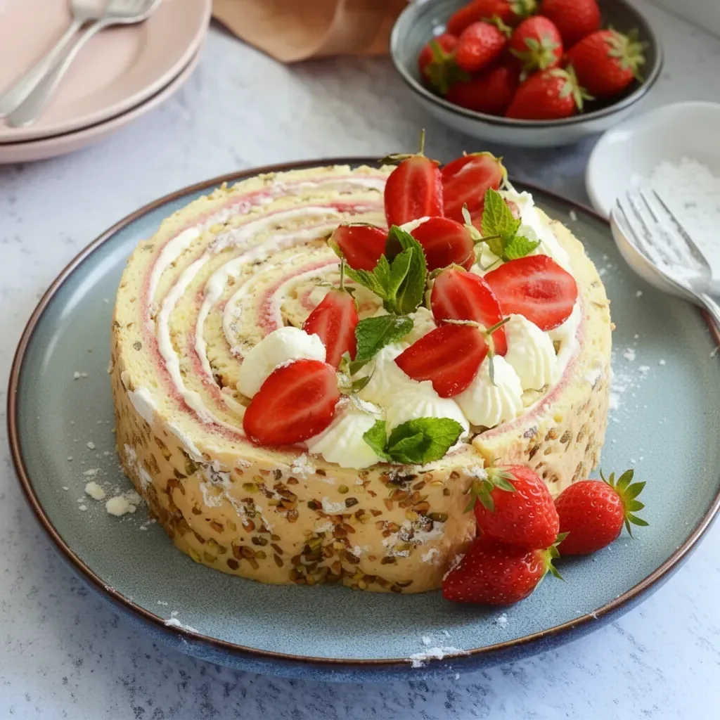 Gâteau roulé aux fraises avec chantilly mascarpone sur un plat élégant.