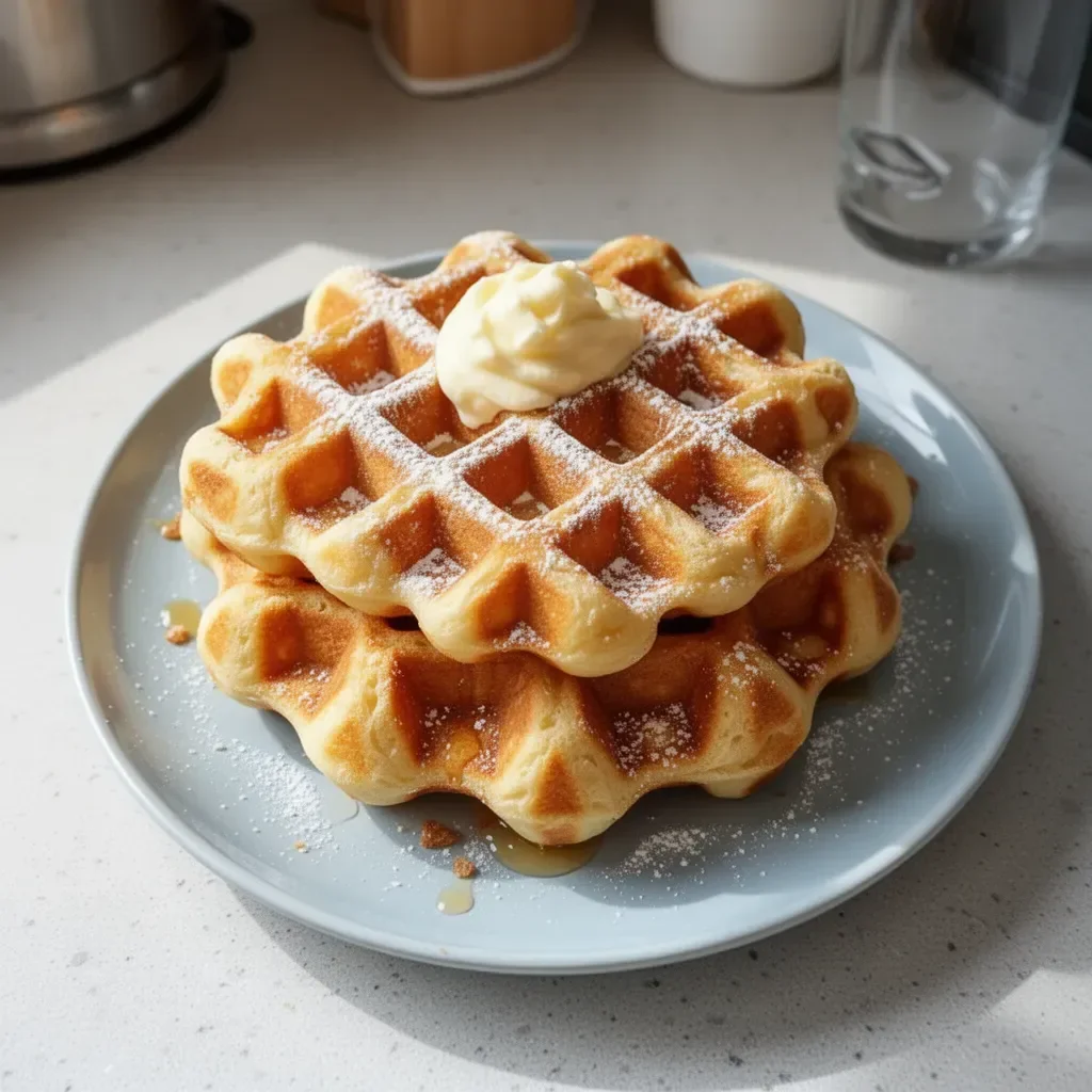 Gaufre Brioche dorée et moelleuse, prête à être savourée avec du sucre glace.