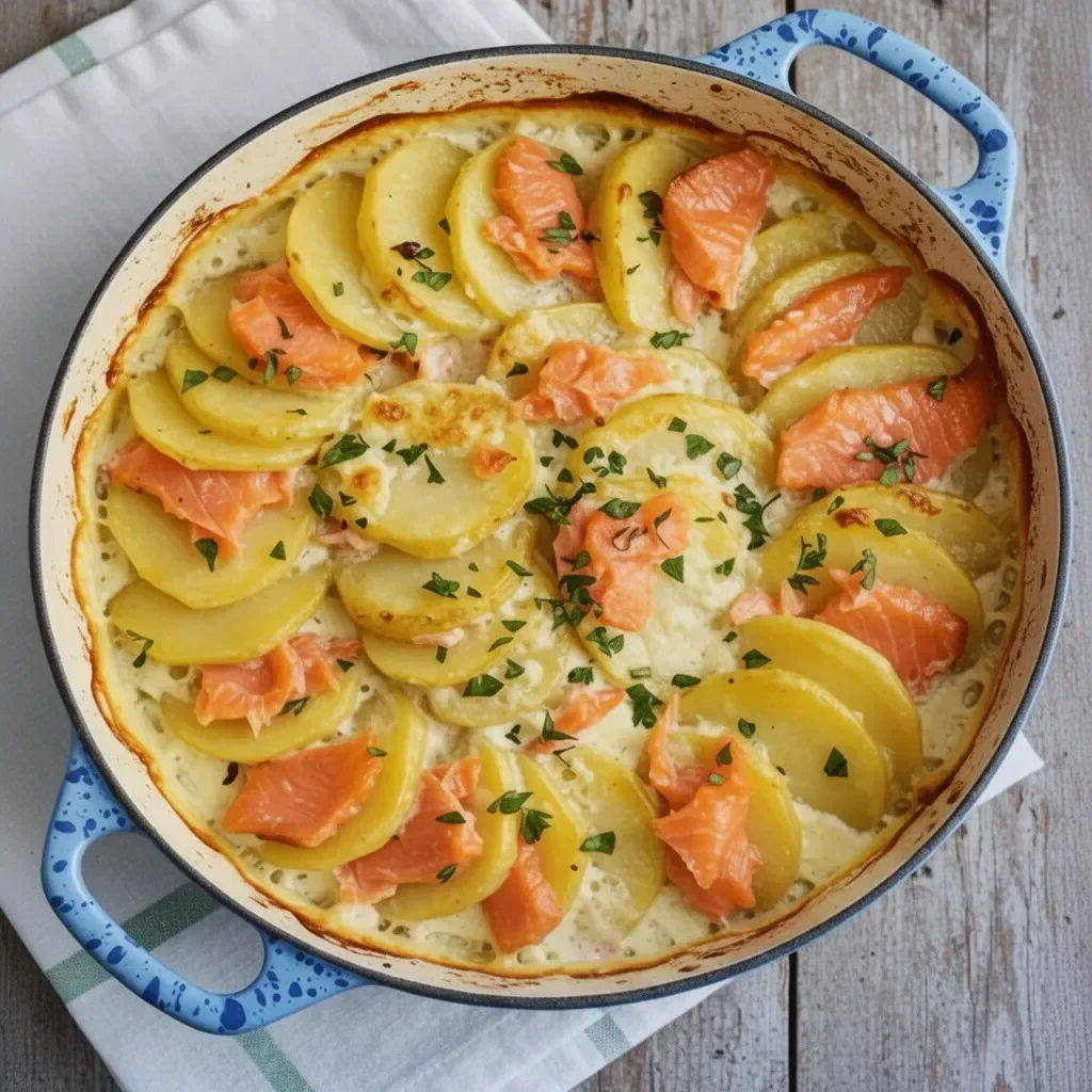 Gratin de pommes de terre et saumon, un plat chaud crémeux et réconfortant