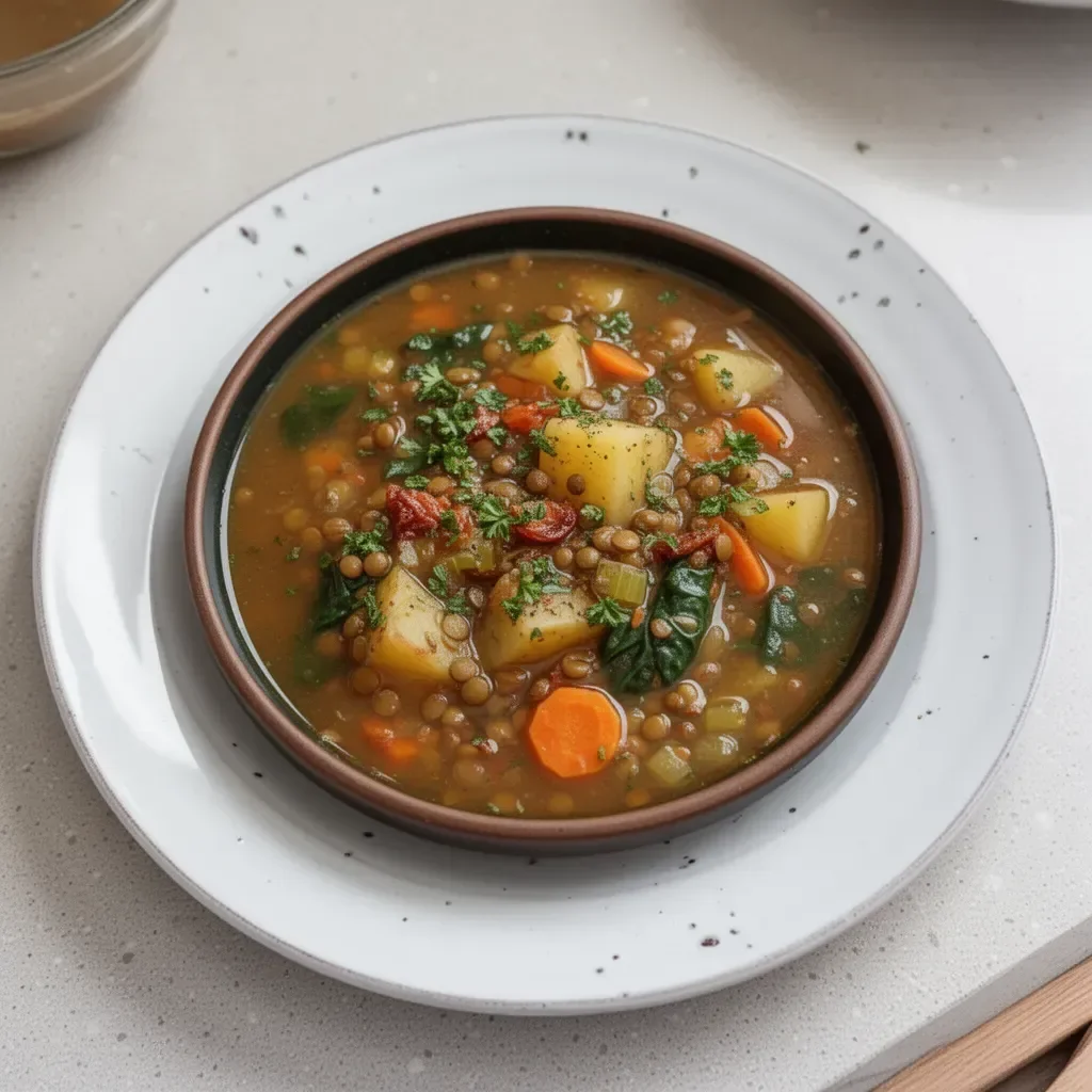 Soupe de lentilles et pommes de terre servie dans un bol, image appétissante et réconfortante.