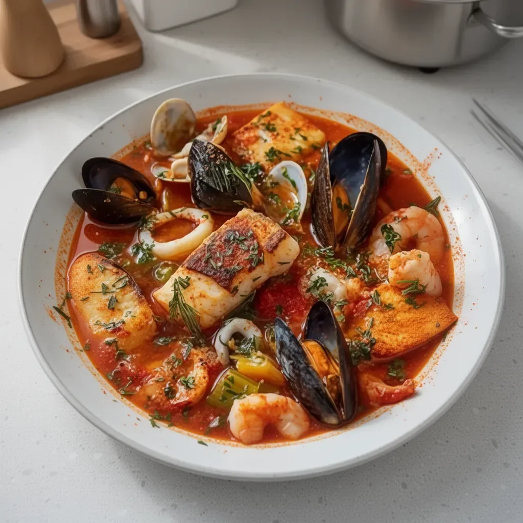 Plat de Marmite de la Mer avec Sauce Rouille servie dans une assiette