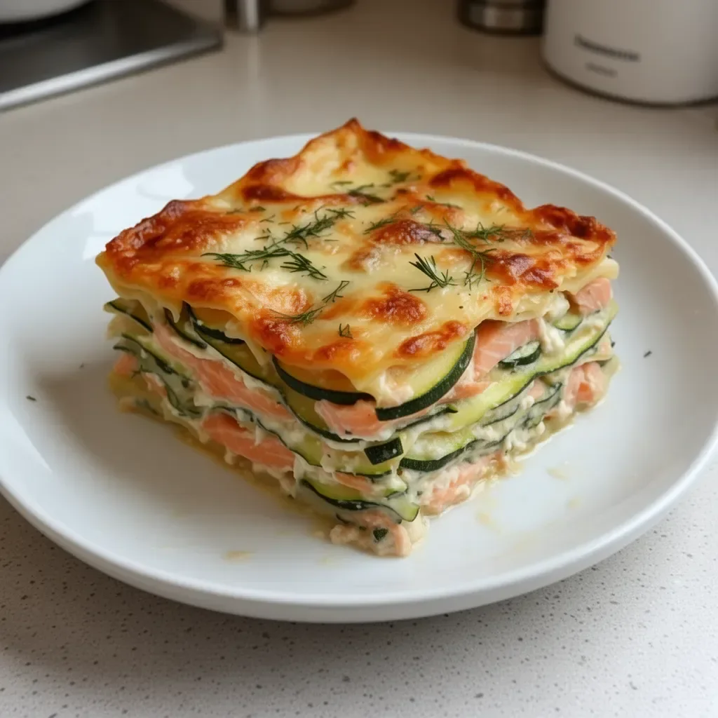 Lasagnes aux courgettes et au saumon servies dans un plat en verre