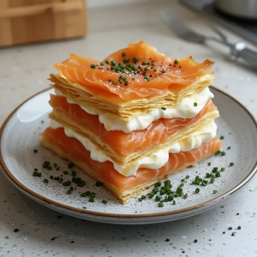 Millefeuille de Saumon Fumé et Mascarpone présenté dans une assiette élégante