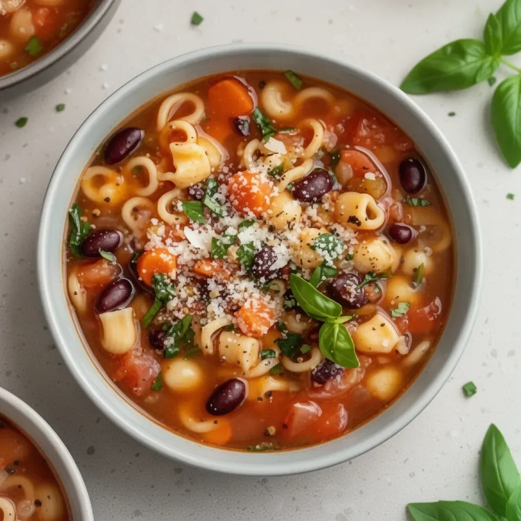 Bol de minestrone italien rempli de légumes frais et d'herbes aromatiques.