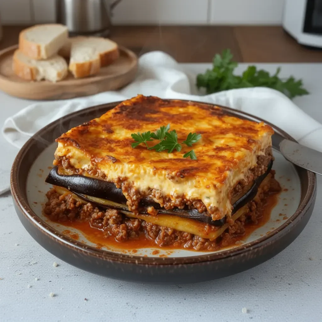 Moussaka facile et rapide, plat traditionnel grec avec aubergines et viande hachée.