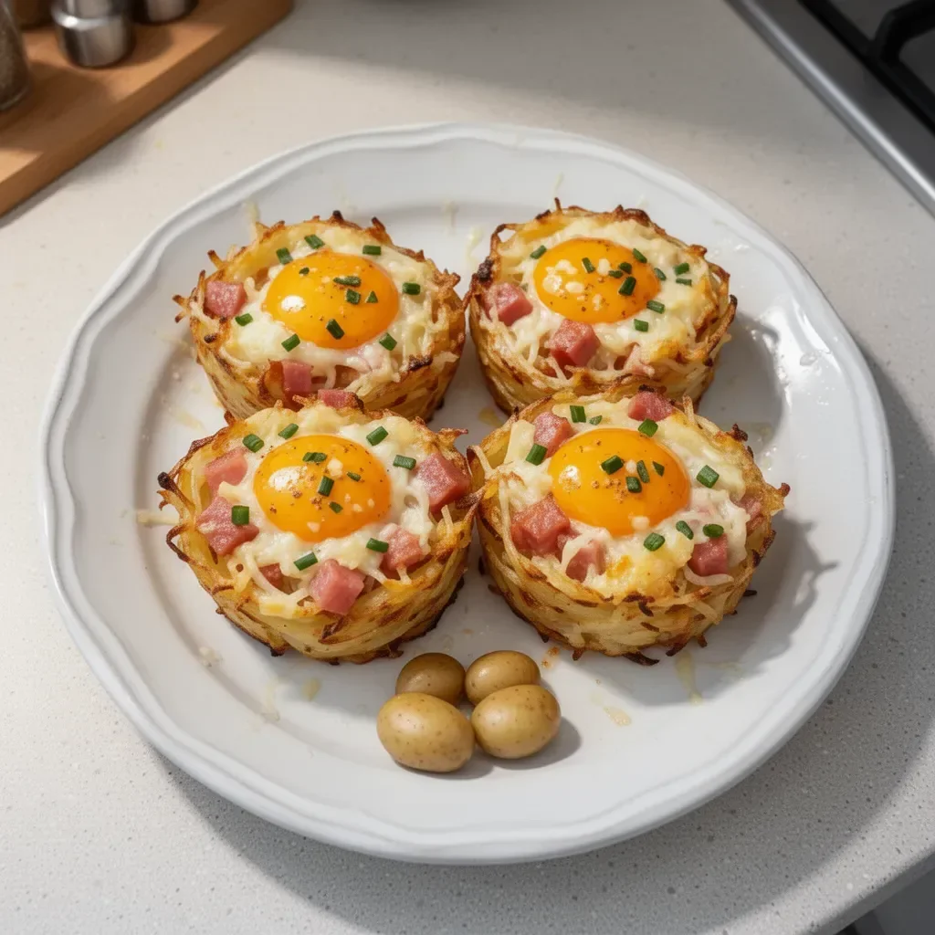 Recette de nids de pommes de terre croustillants garnis de légumes et fromage.