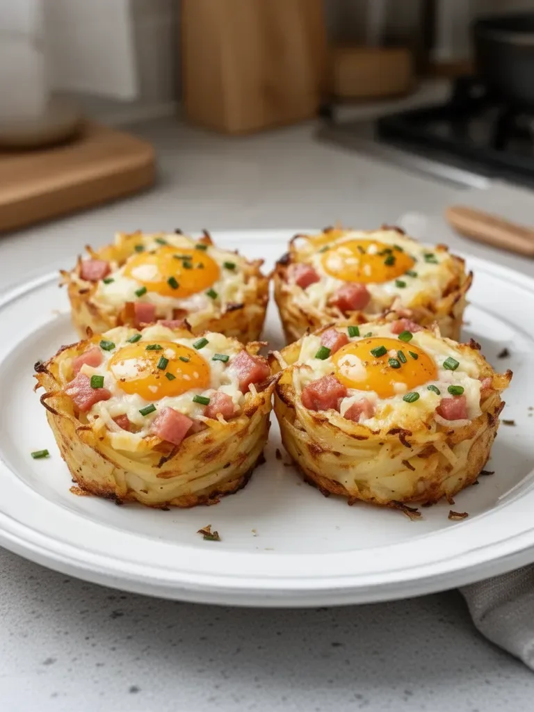 Nids de pommes de terre, œufs, jambon et fromage