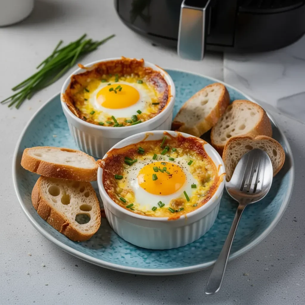 Recette d'œufs cocotte cuits à l'Airfryer, plat savoureux et rapide à préparer.