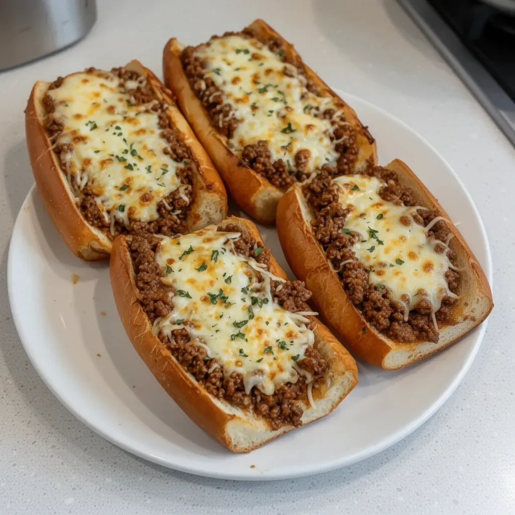 Pain à l'ail servi avec Sloppy Joe au fromage, plat savoureux et réconfortant.