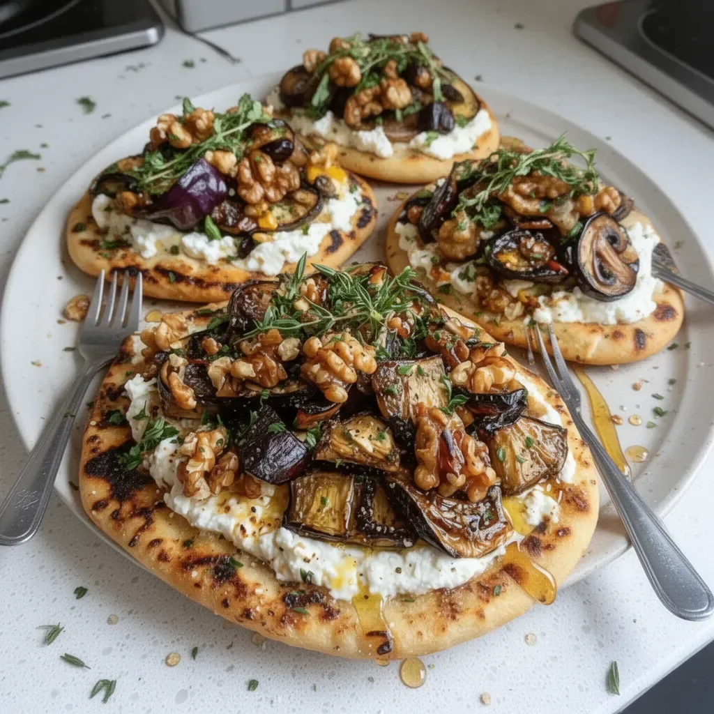 Pain plat aux aubergines rôties, champignons et feta fouettée, garniture de noix et miel balsamique