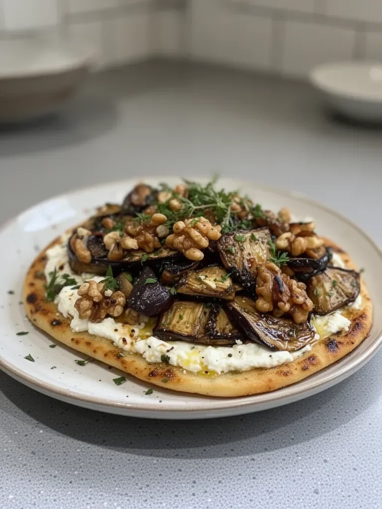 Pain plat aux aubergines rôties et aux champignons avec feta fouettée, noix et miel balsamique