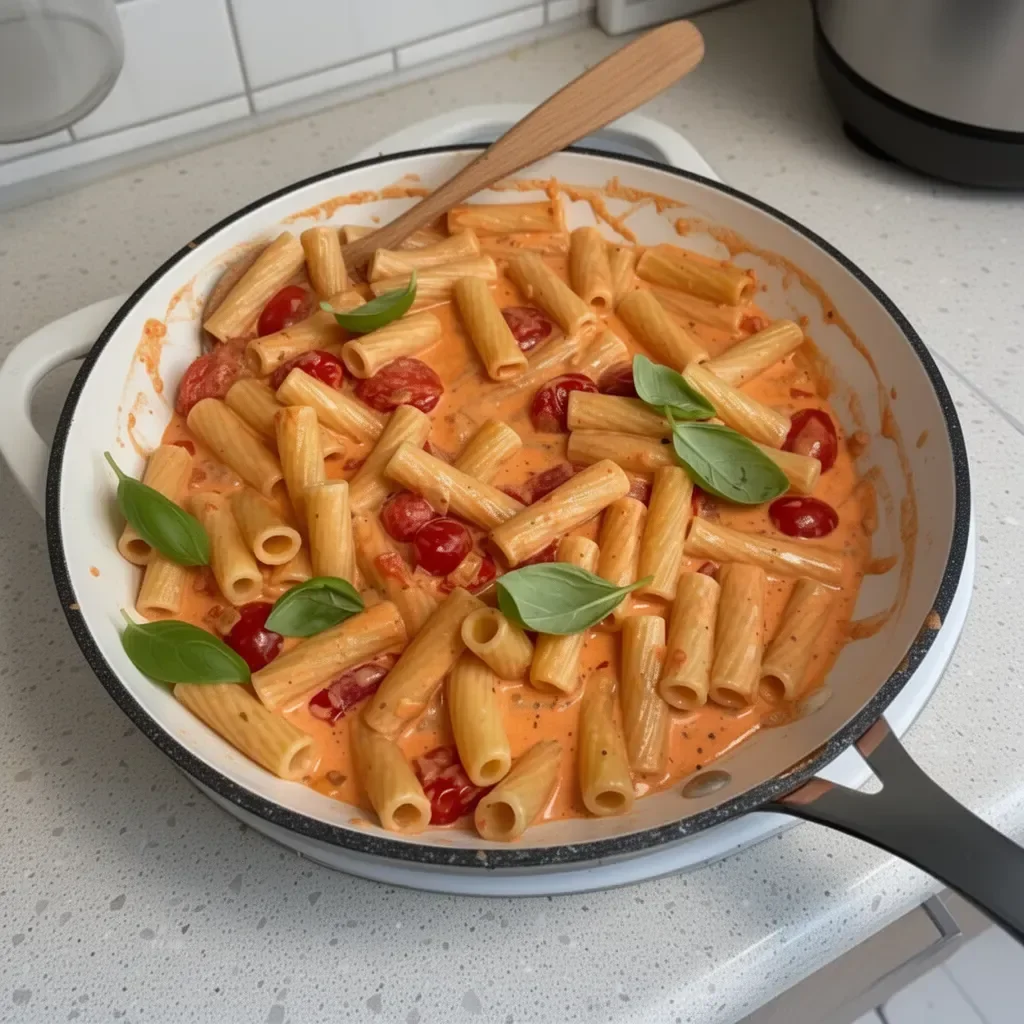 Pasta Crémeuse aux Tomates servie avec des herbes fraîches