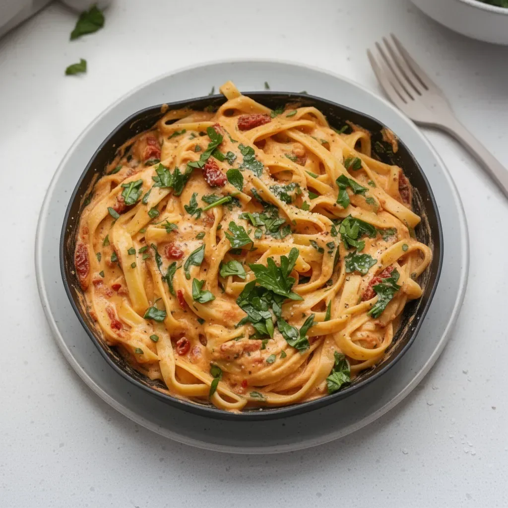 Pasta crémeuse aux tomates séchées vegan prête à être dégustée.