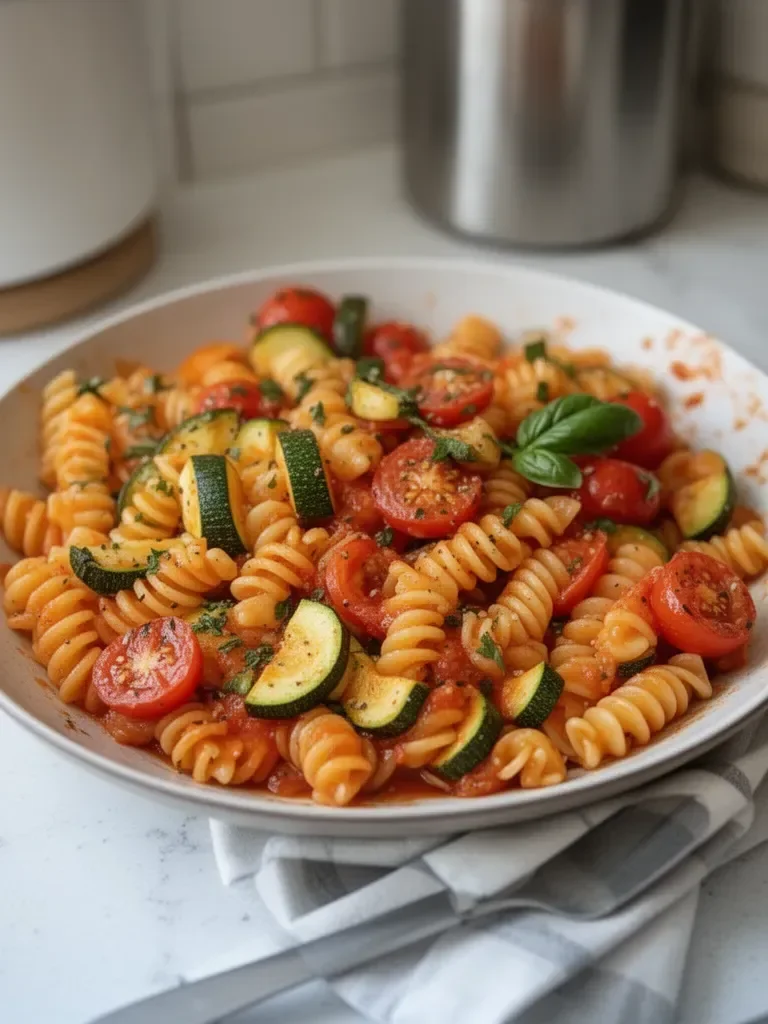 Pasta with healthy tomatoes and zucchinis