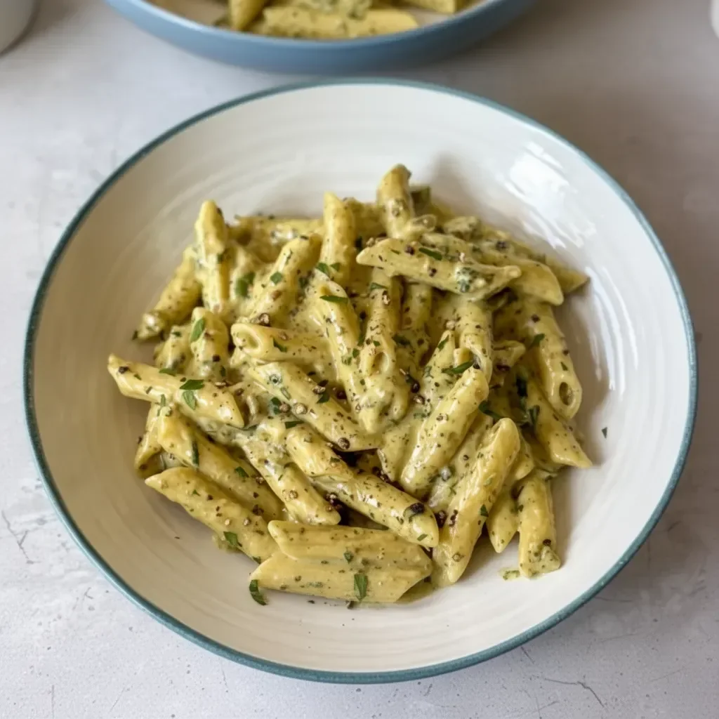 Pâtes enrobées d'une sauce pesto crémeuse garnies de parmesan et de basilic frais.