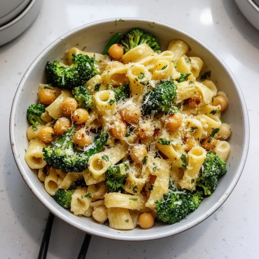 Pâtes brocoli et pois chiches avec huile d'olive à l'ail, plat sain et savoureux