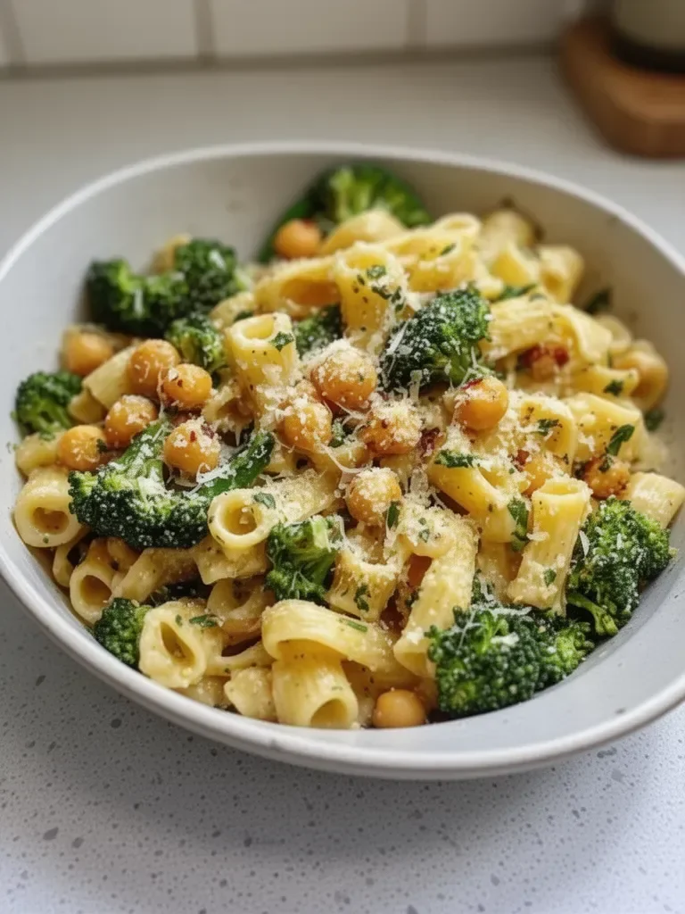 Pâtes au brocoli et aux pois chiches avec de l'huile d'olive à l'ail