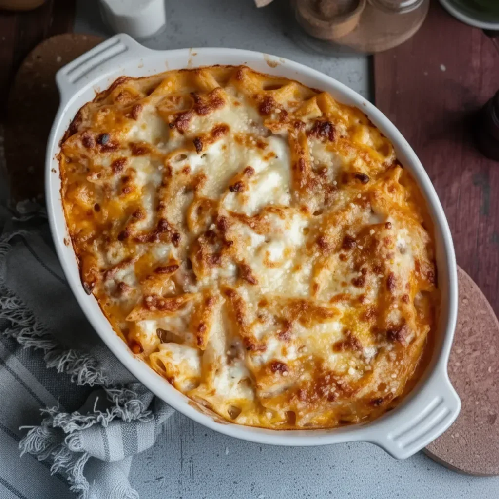 Plat de pâtes au four gratinées, savoureuses et prêtes à servir.