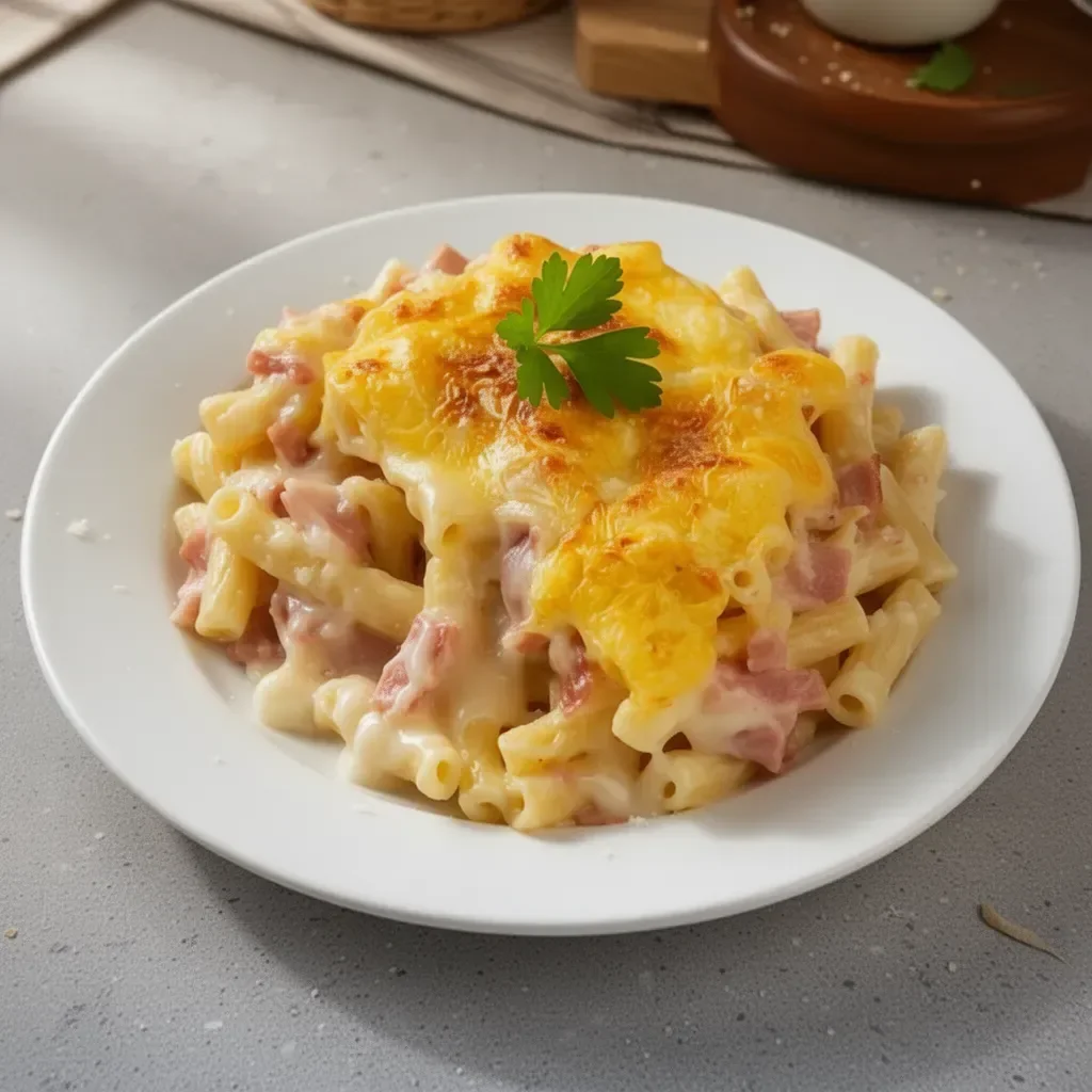 Pâtes au fromage avec bacon croustillant sur un plat délicieux
