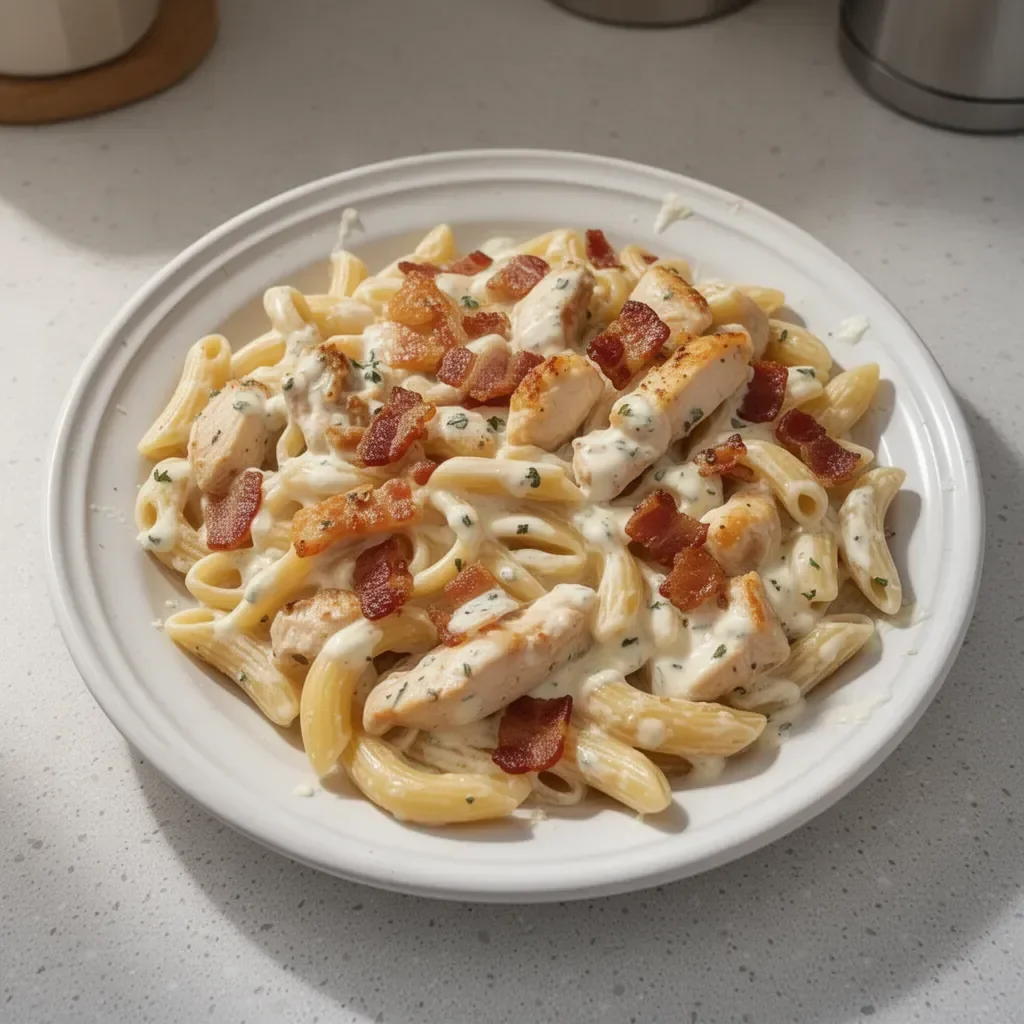 Plat de pâtes au poulet avec bacon et sauce ranch, prêt à déguster