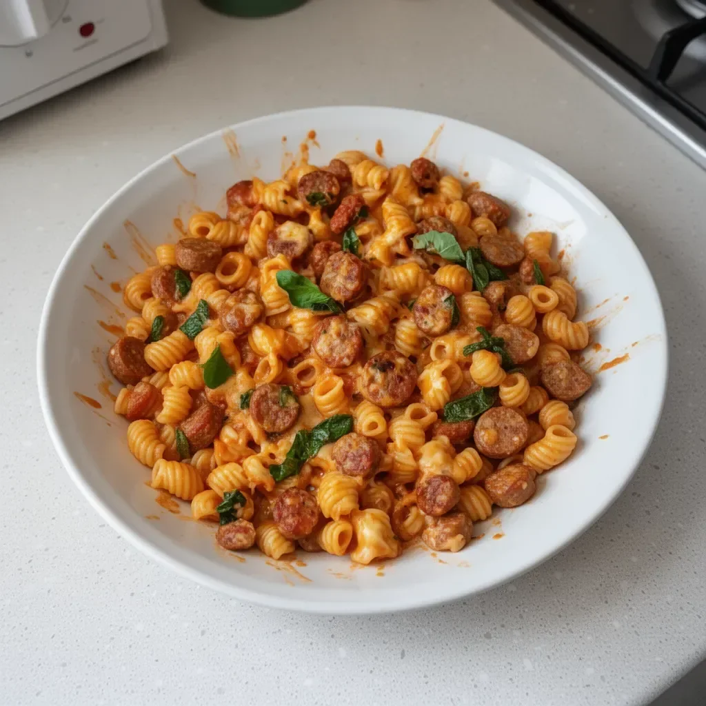 Pâtes au saucisse et fromage préparées en une seule casserole
