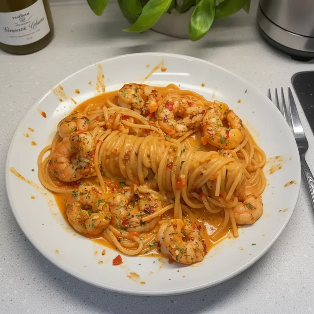 Pâtes aux crevettes cajun épicées servies dans une assiette